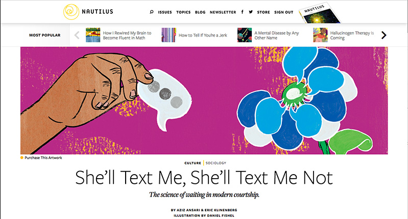 A screen shot of a website with a logo: NAUTILUS. There is also a violet banner with a hand and some green flower with blue and white petals. The hand is picking something that resembles a comic book text bubble. The title on that is: She'll text me, Shell text me not.