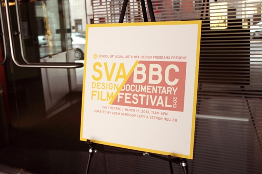 A restaurant sign with the red and yellow logo SVA Design Film BBC Documentary Festival.