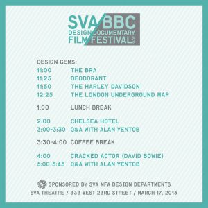 A cyan poster with white strips, SFA DESIGN FILM BBC FESTIVAL logo and the schedule.