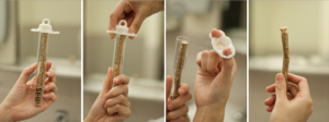 A set of photos showing a transparent plastic tube with a whiten cap on it. The tube contains a piece of stick.