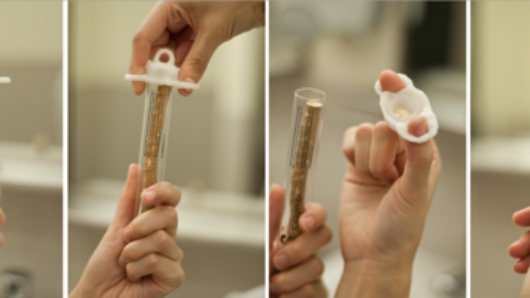 A set of photos showing a transparent plastic tube with a whiten cap on it. The tube contains a piece of stick.