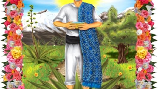 An image of a man wearing a black belt, a white costume, a blue blanket on his side and a heat. The man is sitting in a field with trees holding a vessel in his hands while having the face covered. Some mountains are in the background while the sun is shining behind his head. The entire image has the border made from different kinds of flowers.