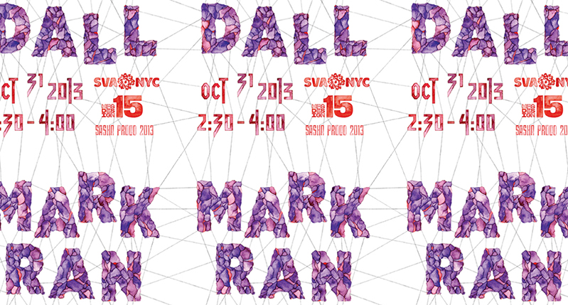 A poster with purple rock texture text that says: Mark Ran Dall. Also some wires are connecting the letters.