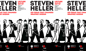 Three posters showing the drawing of some people walking on the street. The title of the poster: Steven Heller 100 Ideas that changed graphic design.