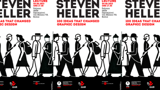 Three posters showing the drawing of some people walking on the street. The title of the poster: Steven Heller 100 Ideas that changed graphic design.