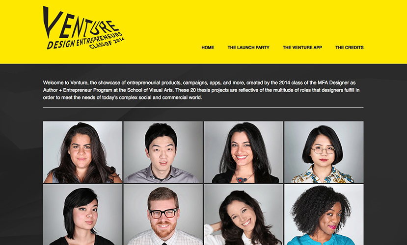 A website with black and yellow colored theme, the logo VENTURE Design Entrepreneur, some text, and a set of images showing human faces.