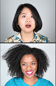 A set of two photos depicting woman faces being amazed or smiling.