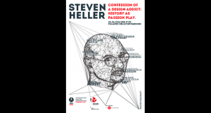 A poster showing a man's head using wireframe lines. The title of the poster: Steven Heller. Confession of a design addict: history as passion play.