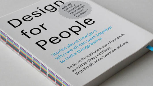 A cover of a white book with the title: Design for People. Stories about how (and why) we all can work together to make things better.