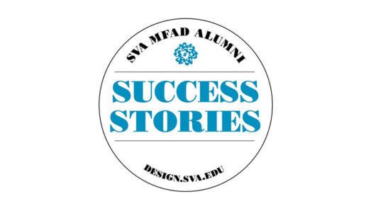 A logo with black and blue text that says: SVA MFA Design SUCCESS STORIES DESIGN.SVA.EDU.