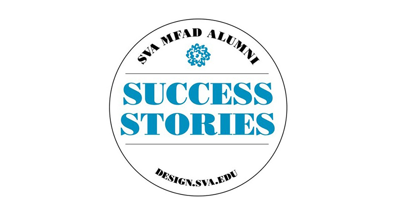 A logo with black and blue text that says: SVA MFA Design SUCCESS STORIES DESIGN.SVA.EDU.