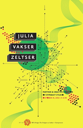 A yellow poster with green lines, green circles, red connected dots, black arrows and red SVA logo with title: Julia Vakser Zeltser.