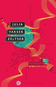 A red poster with yellow lines, green circles, black arrows and white SVA logo with title: Julia Vakser Zeltser.