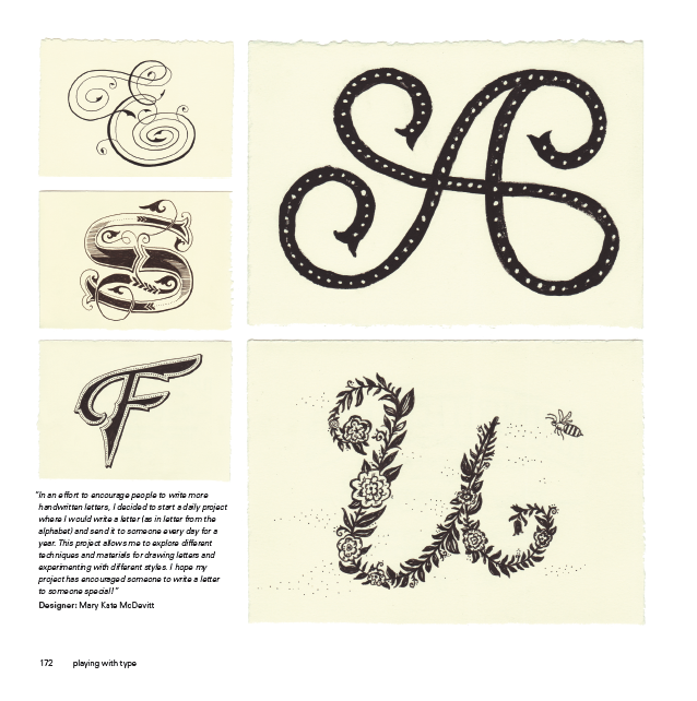 A sample of different letter designs with lines and floral motifs, just like monograms.