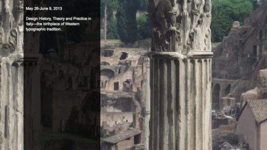 A poster showing a photo of roman stone ruins and the title: Masters Workshop Rome.