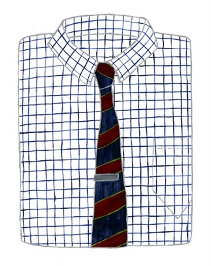 A drawing of a checkered white shirt with blue and red tie.