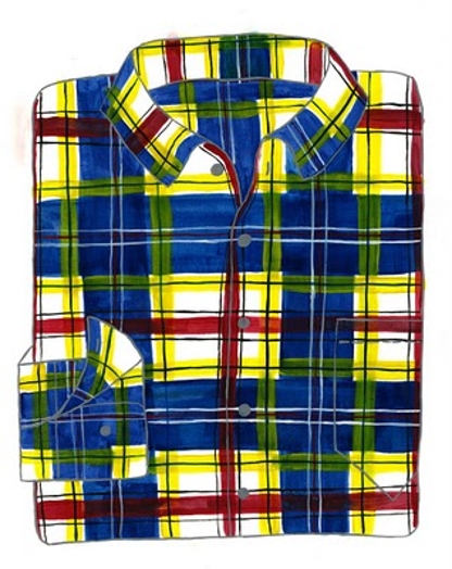 A drawing of a checkered shirt with blue, yellow, green and red lines.