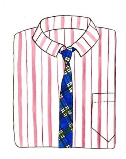 A drawing of a white shirt with red lines and a blue checkered tie with green lines.