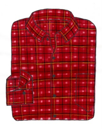 A drawing of a red shirt with squares on it.