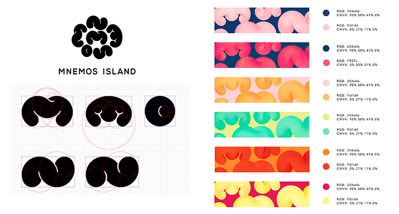 A blueprint for a logo design. The pieces seem to look like Styrofoam and are sampled in different color combinations. The title for the logo is Mnemos Island.
