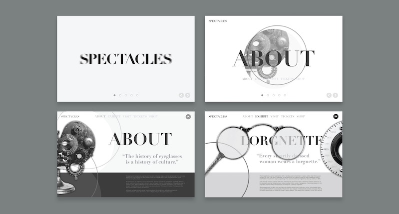 A black and white website template showing text and some old photos. There is also a text that says: Spectacles About Lorgnette.