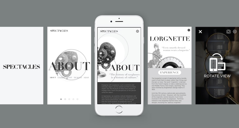 A black and white website template showing text and some old photos. The template is for a mobile device. There is also a text that says: Spectacles About Lorgnette Experience.