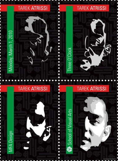 A stamp like design of a poster split in four, each piece having a  slightly faded black and white face of a man while a red and a green banner are set horizontally and vertically.