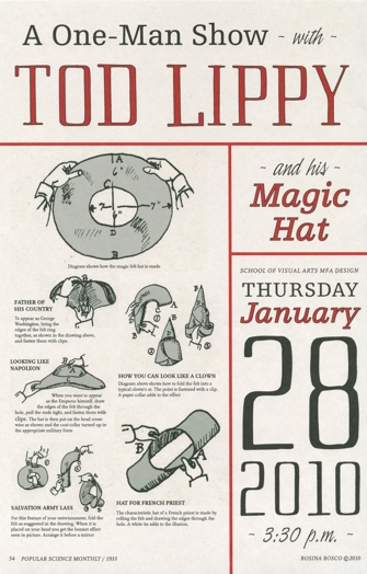 A poster showing the steps needed to make a magic hat. The text A one man show Tod Lippy is also on it.