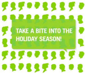 An image pf green pictograms that look like human heads. The text Take a bite into The Holiday Season is also written.
