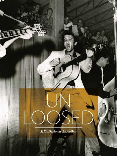 A black and white photo of Elvis Presley singing at a guitar with the title: UNLOOSED.