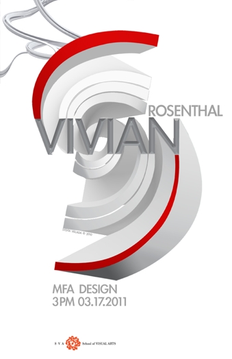 A SVA MFA Design poster with a gray and red 3d swirl design and in the middle the text Rosenthal Vivian.