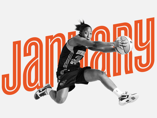 A black and white photo of a basketball player over a white and orange text logo.