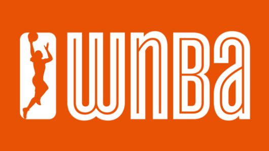 A white NBA like logo on an orange background with text WNBA.