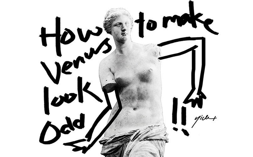 A poster showing an old armless stone statue that has made up arms drawn and also the text: How to make Venus look Odd.
