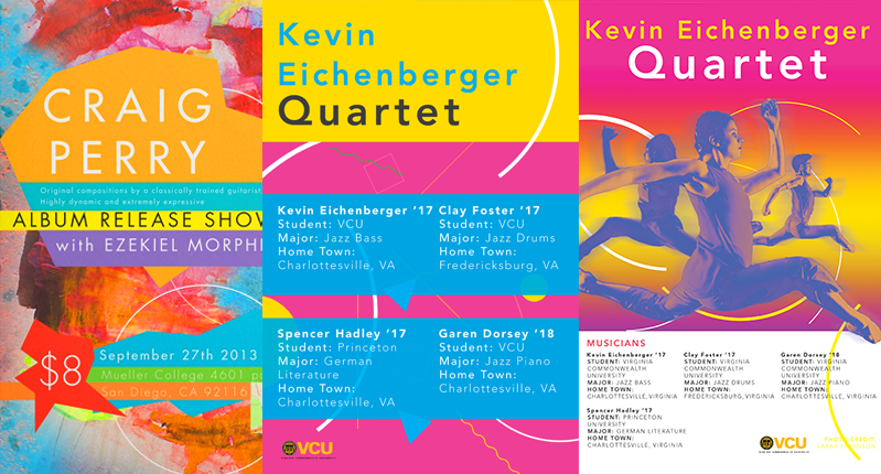 A colorful poster with text and information on: Craig Perry Album Release Show with Ezekiel Morpheus. Kevin Eichenberger Quartet.