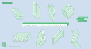 A blue poster with some isometric green letters that form the text: Adam Katz. NYC SVA MFA Design logo.