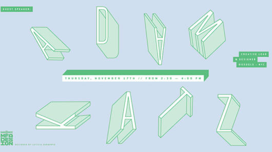 A blue poster with some isometric green letters that form the text: Adam Katz. NYC SVA MFA Design logo.