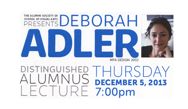A blue and black text logo on a white background. The text says Deborah Adler Distinguished Alumnus Lecture. There is also a photo of a woman in a corner.