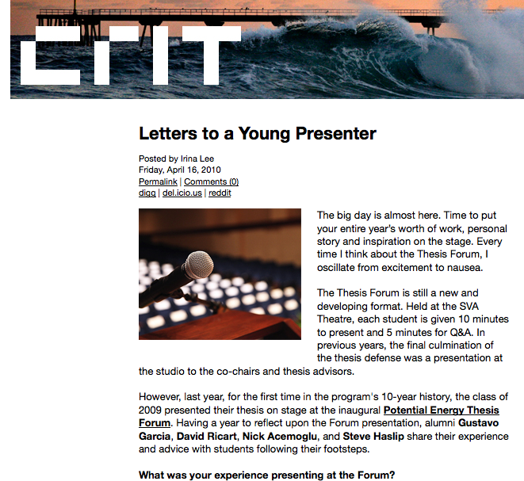 A piece of article from the CRIT magazine with the title: Letters to a Young Presenter.