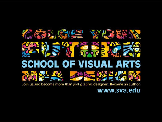 A poster with letters made from colored drawing. The text says: Color Your Future MFA Design. School of Visual Arts is written in blue.