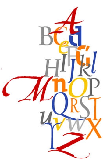 The alphabet written in different colored fonts from top to bottom.