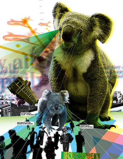 A poster with koala bears having green rays from their eyes while looking at people and trains from above.