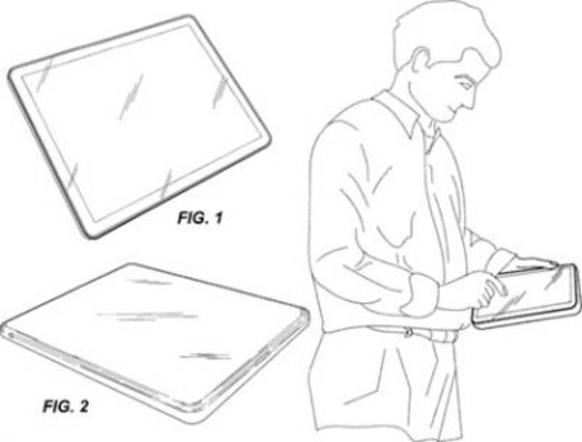 An sketched drawing of an electronic tablet and how a man can use it.