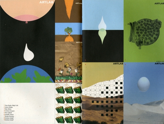 Images from an opened book showing a breast and a drop of milk on planet earth, carrots in the earth, some texture patterns with green bags, a black and white pattern over a photo of a desert, an egg shape above a desert, two interlaced teardrops, a green picture of some vegetables.