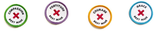 White buttons with green, purple yellow and cyan outline, some text and a red X on them.