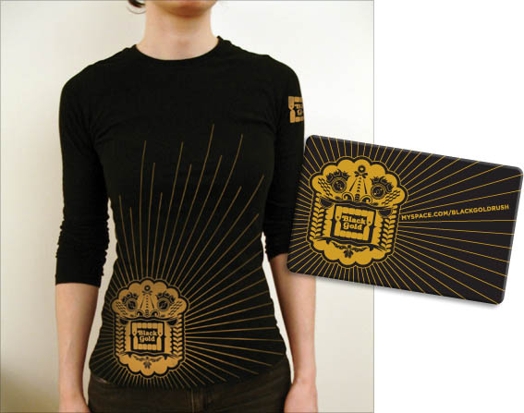 A black and gold colored drawing of a shape from Latin American culture with the text: Black Gold. The print is put on a blouse and on a tablet cover.