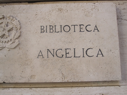 A stone engraving with a logo and the text that says: Biblioteca Angelica.