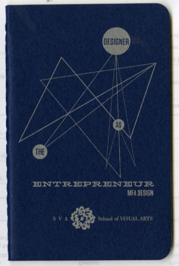 A blue cover of a notebook with some white lines, circles and a SVA logo.