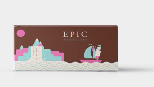 A box with a brown, white, cyan and magenta drawing of a person sailing a boat, while getting closer to a city. The text on the box is: EPIC.