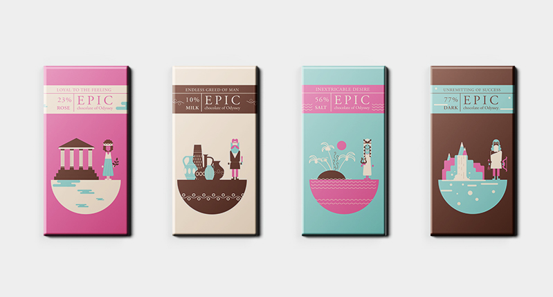A set of four cover art designs, colored in white, brown, pink and cyan. Each drawing represents a building from a culture as well as a  person from the same culture. All of them are made in the same semicircle style. The text on every cover is: EPIC.